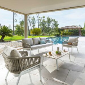 Conjunto de muebles de jardín ORIENGO Taupe y Blanco Hespéride 5 plazas