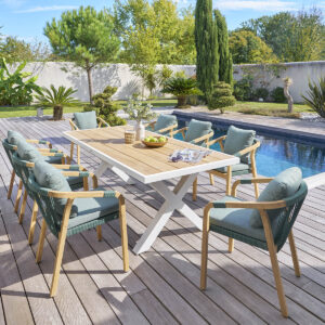 Mesa de jardín rectangular EMPERIA Acacia y Blanco Hespéride 8 plazas