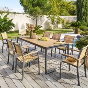 Mesa de jardín rectangular LENSIA Eucalipto y Gráfito Hespéride 8 plazas