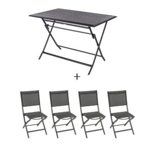 1 mesa de jardín plegable rectangular AZUA Grafito + 4 sillas apilables ESSENTIA Hespéride 4 plazas