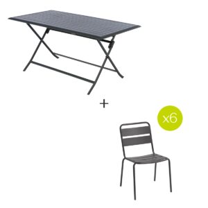 1 mesa de jardín plegable rectangular AZUA Grafito + 6 sillas apilables PHUKET Hespéride 6 plazas