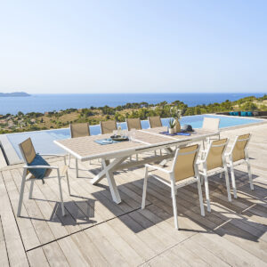 1 mesa de jardín extensible AXIOME Efecto madera Lino & Blanco + 10 sillones apilables AXANT Hespéride 10 plazas