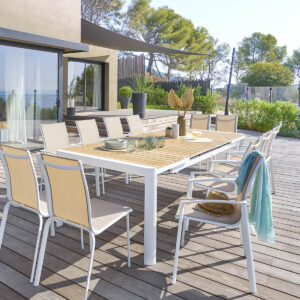 1 mesa de jardín rectangular PARADIZE Acacia + 4 sillas apilables AXANT Hespéride 12 plazas