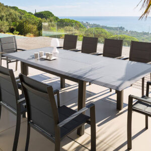 1 mesa de jardín extensible ALLURE Efecto madera muscade & Grafito + 6 sillones apilables ALLURE Hespéride 10 plazas