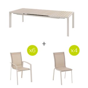 1 mesa de jardín extensible ÉVASION Lino & Arcilla + 4 sillas apilables AXANT Hespéride 10 plazas