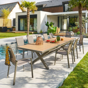 1 mesa de jardín extensible AXIOME Efecto madera + 10 sillones AXANT Hespéride 12 plazas