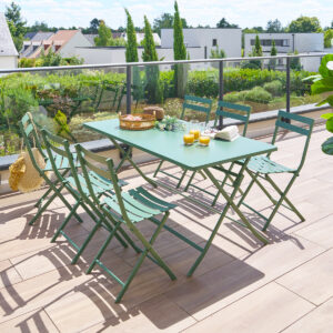 1 mesa de jardín rectangular Verde oliva + 6 sillas apilables GREENSBORO Hespéride 6 plazas