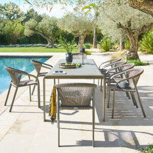 1 mesa de jardín DOMILLY Café + 10 sillones apilables RIU Hespéride 10 plazas