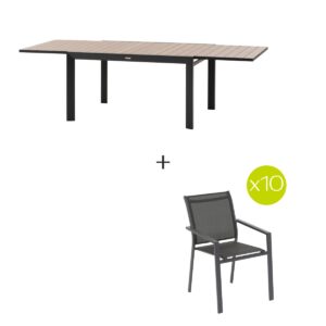 1 mesa de jardín extensible ÉVASION Grafito & Honey + 10 sillones apilables ESSENTIA Hespéride 10 plazas