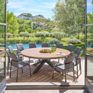1 mesa de jardín redonda ORACLION + 12 sillones apilables DIESE Hespéride 12 plazas