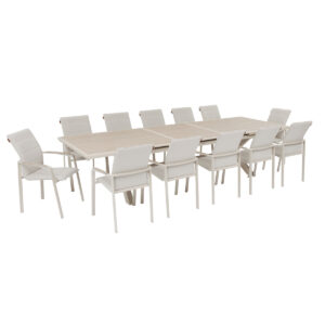 1 mesa de jardín extensible AXIOME Lino & Arcilla + 12 sillones apilables DIESE Hespéride 12 plazas