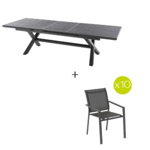 1 mesa de jardín extensible AXIOME Pizarra granito + 10 sillones apilables ESSENTIA Hespéride 10 plazas