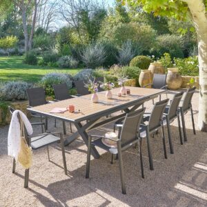 1 mesa de jardín extensible AXIOME Efecto teca Nuez & Grafito + 10 sillones AXANT Hespéride 10 plazas