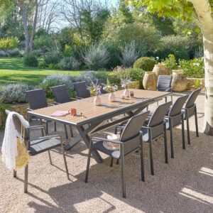 1 mesa de jardín extensible AXIOME Efecto teca Nuez & Grafito + 10 sillones DIESE Hespéride 10 plazas