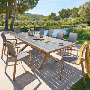 1 mesa de jardín extensible AXIOME Miel & Grafito + 10 sillones apilables AXANT Hespéride 10 plazas