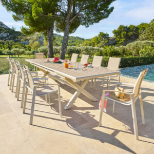 1 mesa de jardín extensible AXIOME Lino & Arcilla + 10 sillones apilables AXANT Hespéride 10 plazas