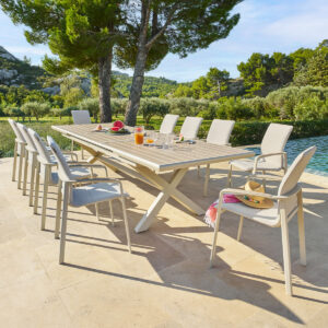 1 mesa de jardín extensible AXIOME Lino & Arcilla + 10 sillones apilables DIESE Hespéride 10 plazas