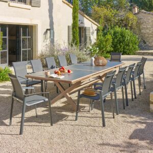 1 mesa de jardín extensible AXIOME Lino & Arcilla + 12 sillones apilables AXANT Hespéride 12 plazas
