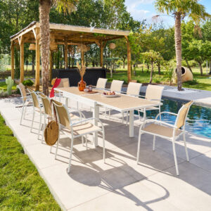 1 mesa de jardín extensible + 10 sillones apilables PIAZZA Lino & Blanco Hespéride 10 plazas
