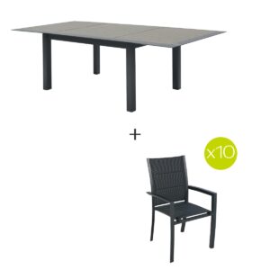 1 mesa de jardín extensible + 10 sillones apilables ALLURE Nuez Moscada & Grafito Hespéride 10 plazas