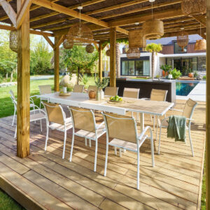 1 mesa de jardín extensible + 12 sillones apilables PIAZZA Lino & Blanco Hespéride 12 plazas
