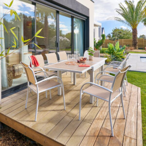 1 mesa de jardín extensible + 8 sillones apilables PIAZZA Lino & Blanco Hespéride 8 plazas