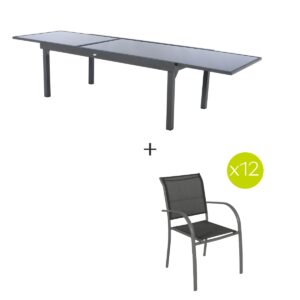 1 mesa de jardín extensible + 12 sillones apilables PIAZZA Grafito Hespéride 12 plazas