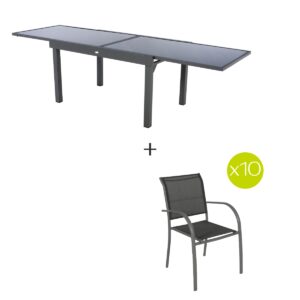 1 mesa de jardín extensible + 10 sillones apilables PIAZZA Grafito Hespéride 10 plazas